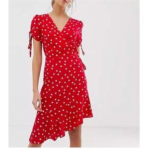 Warehouse Polka Dot Wrap Dress with Ruched Sleeves